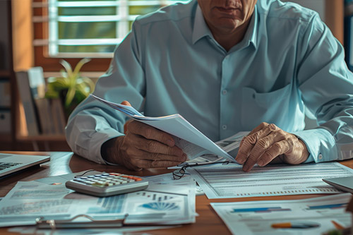 Taxpayer reviewing financial paperwork before the income tax filing deadline